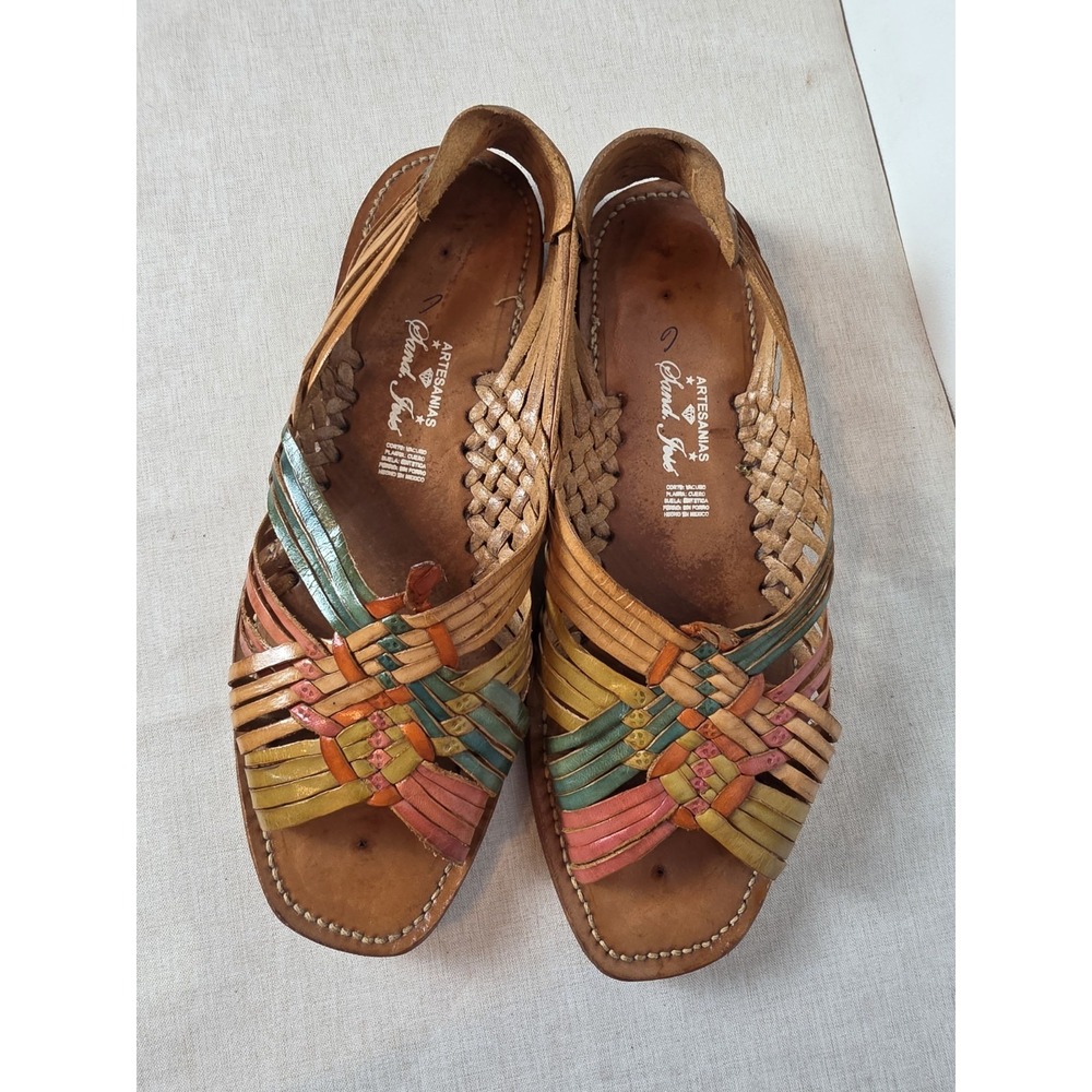 Women's Open Toe Artesanias Mexican Huarache Sandals Brown Colorful Size 10